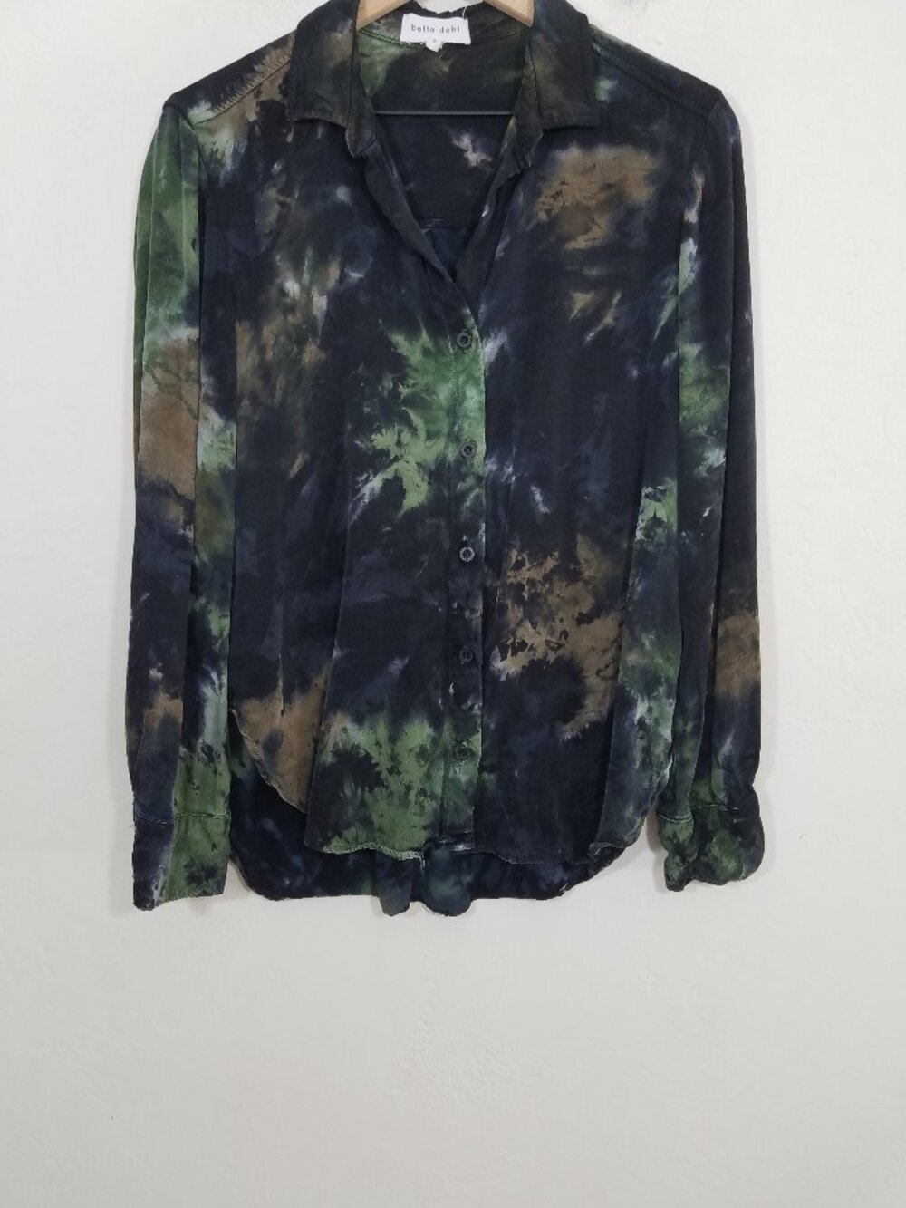 Bella Dahl Tie-Dye Button Up Long Sleeve Shirt Top Blouse Green Black Size S